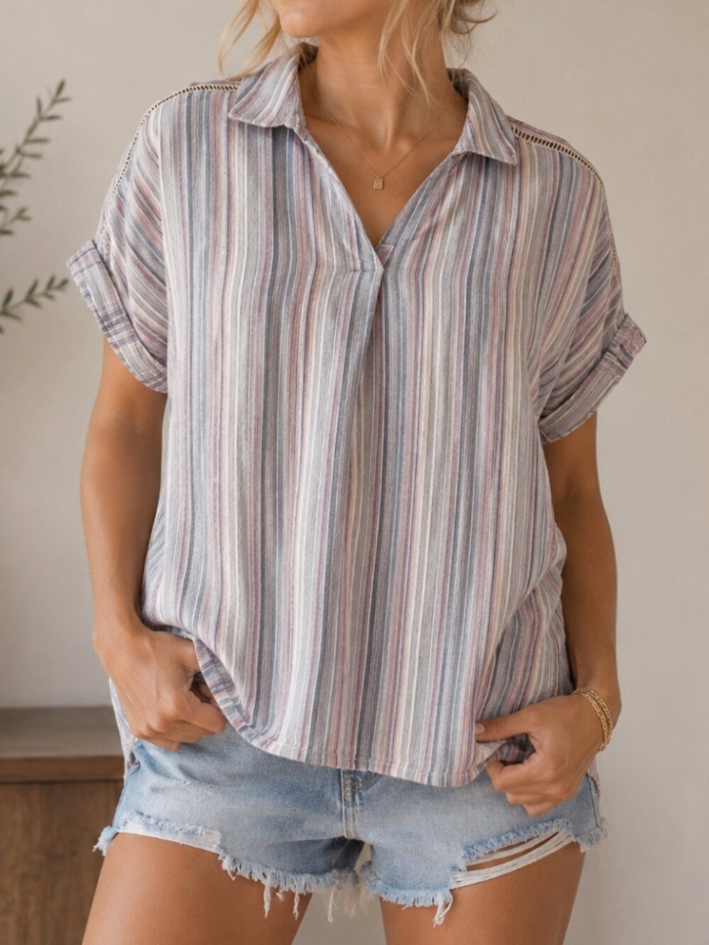 Denver Hayes Striped Roll Sleeve Blouse | Size Medium | Cotton Blend